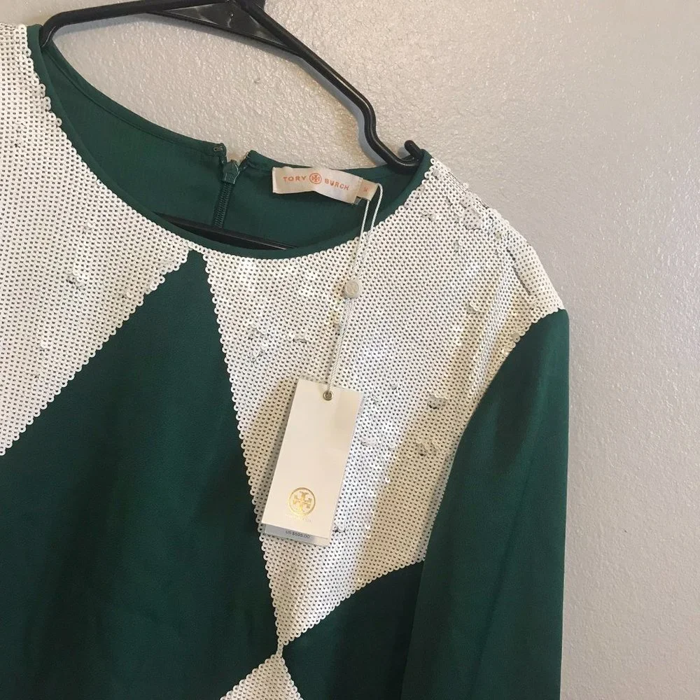 Tory Burch Green and White Argyle Knit Tunic